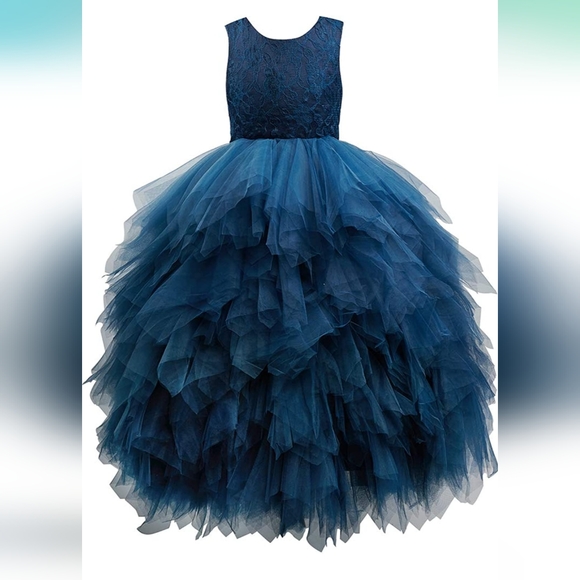 Navy Ball Gown Ankle-length Flower Girl Dress Tulle/Lace Sleeveless GIRLS 13